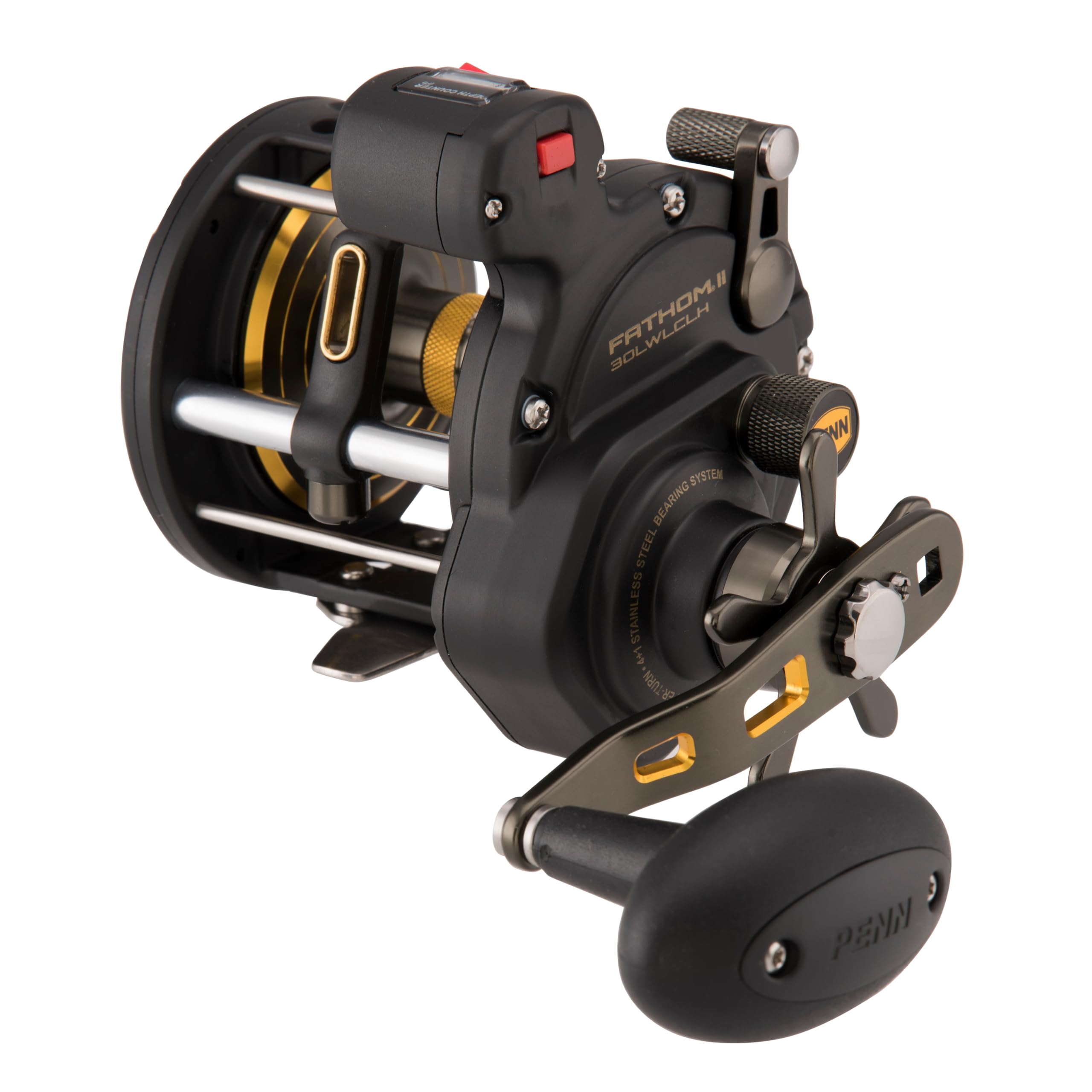 PENN Fathom® II Level Wind, Fishing Reel, Conventional Reels, Sea - Nearshore/Lake Fishing, Shore and Kayak Fishing, Unisex, Black Gold, 30LC | Left Hand