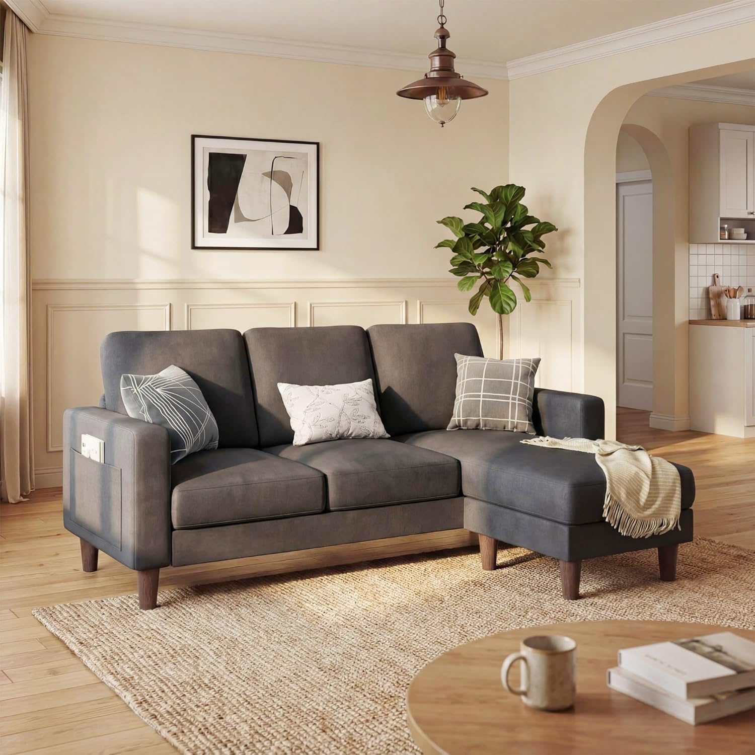 Photo 1 of Homall 3 Seat Couch L Shape Sofa with Side Storage Pockage, Sectional Couches with Reversible Ottoma, Upholstered Sofa for Living Room and Small Spaces (Linen Fabric, Graphite Grey)