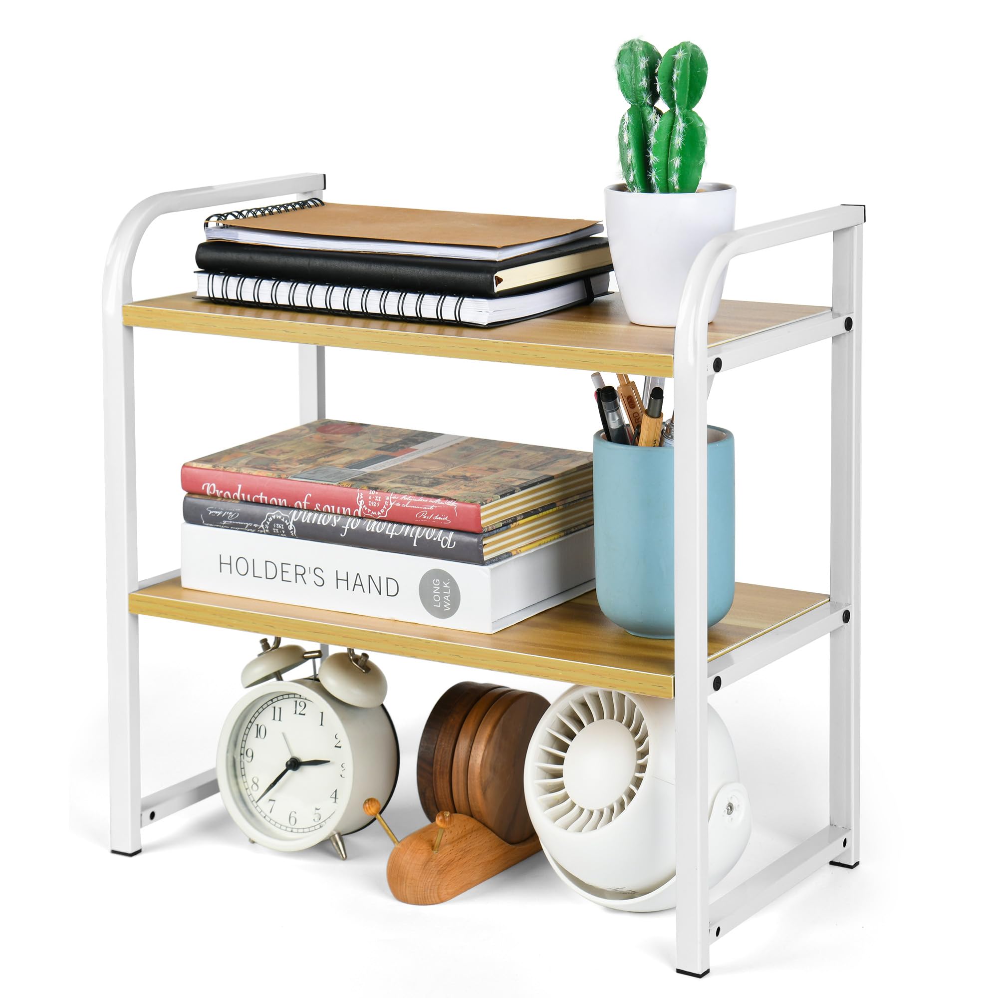 Photo 1 of UPRIMEASY Desktop Shelf Organizer, 2-Tier Office Desk Shelf for Top of Desk, Wood & Metal Bookshelf Supplies Storage Rack (White&Walnut)