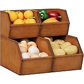 Trironsun 2 Set Bamboo Pantry Storage Bins Wood Stackable Baskets Potato and Onion Storage Bins Fruits Vegetable Bread Organization for Kitchen Counter