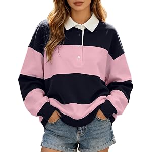Hfolob Women Oversized Striped Polo Sweatshirt Color Block Lapel Collared Pullover Tops Lightweight Long Sleeve Rugby Shirts