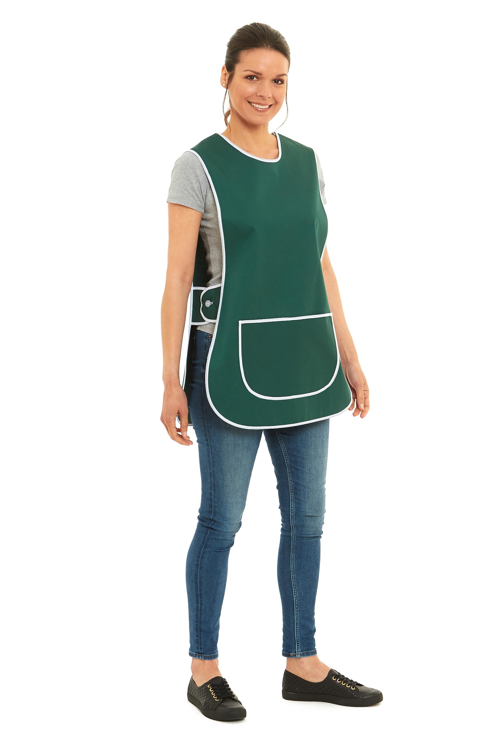 Tesmark Ladies Plain Colour Piping Design Tabard Apron Overalls Front Pocket Stylish Tabards for Women Casual Aprons for Women Home Kitchen Restaurants Coffee Shops UK Made (Medium, Green)