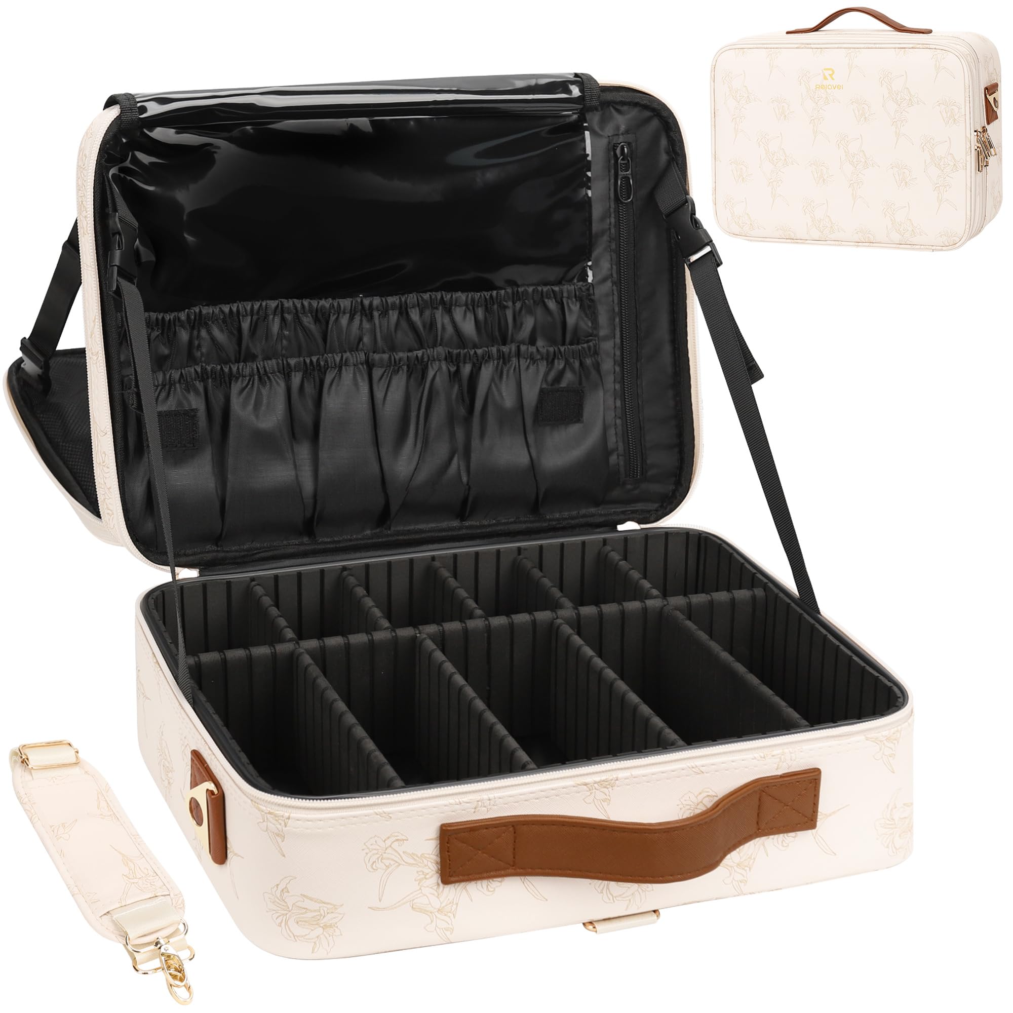 Photo 1 of Relavel Large Makeup Case, Professional Makeup Artists Bag with Adjustable Dividers, Waterproof & Portable Train Case Storage Organizer Box with Shoulder Strap