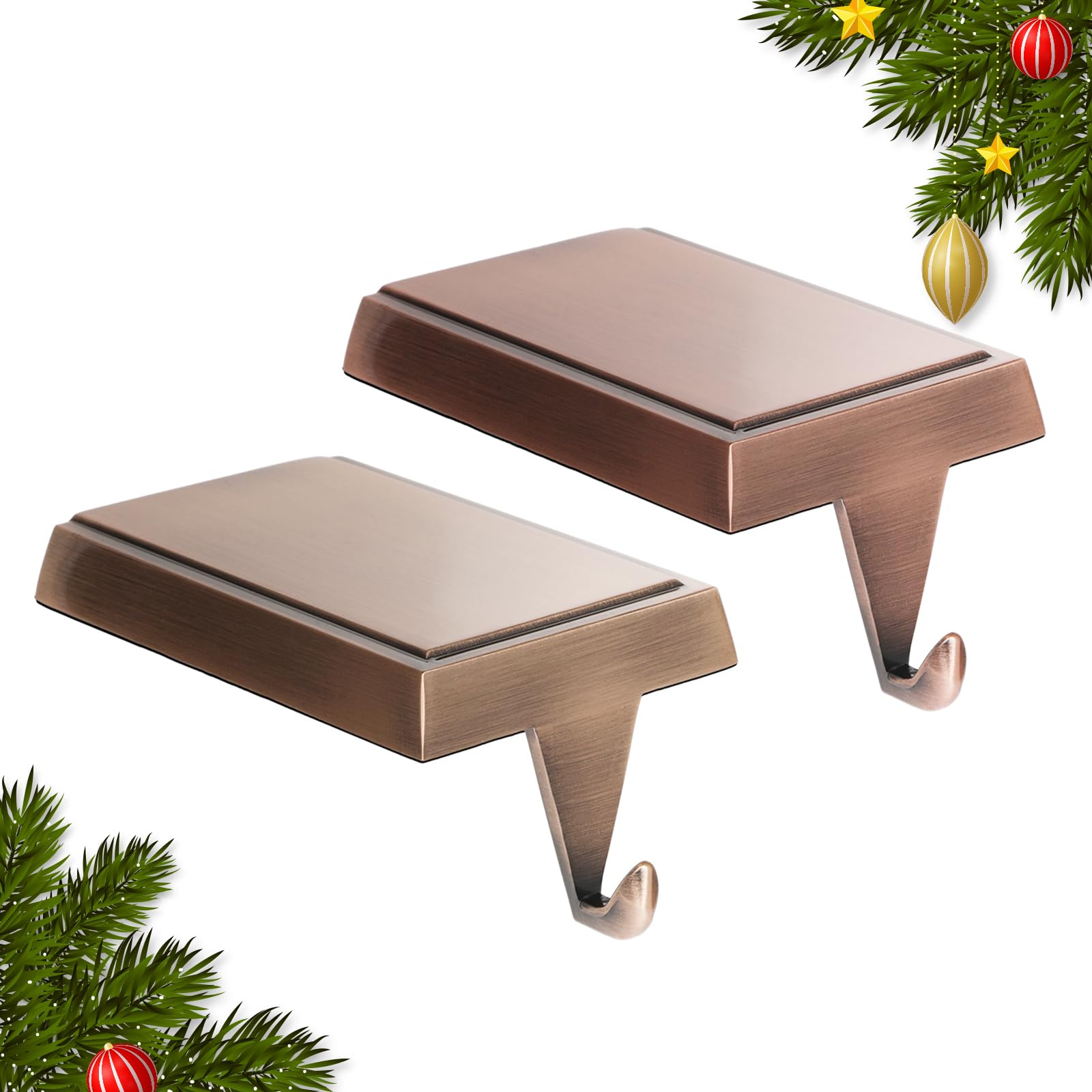 Photo 1 of SINTENILL Christmas Stocking Holders for Mantle Set of 2, Heavy Weighted Metal Stocking Holders Hangers Low Profile Stocking Hooks Bases for Fireplace Table Xmas Holiday Party Decoration, Copper