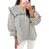 Cicy Bell Womens Striped Babydoll Tops Ruffle V Neck Puff Sleeve Blouses Loose Fit Cute Flowy Shirts