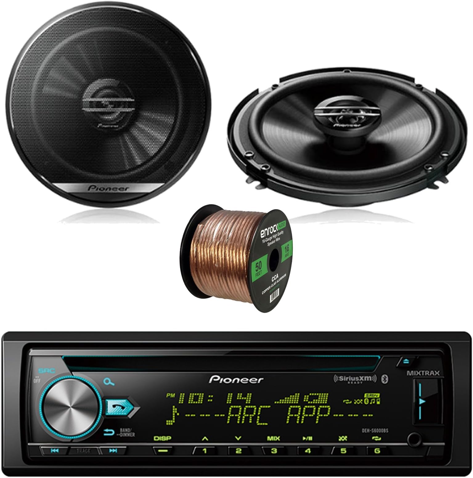 Pioneer DEH-S6000BS Car CD Player Receiver Bluetooth USB AUX Radio - Bundle Combo with 2X Pioneer TSG1620F 6.5" 180W 3-Way Black Car Coaxial Audio Speakers + Enrock 50 Ft 16 Gauge Speaker Wire