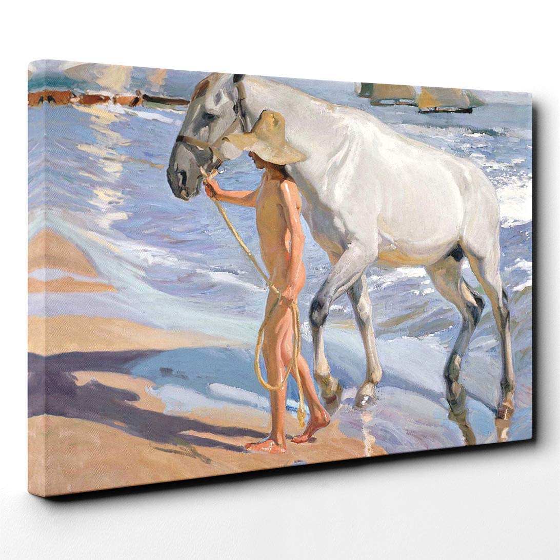 Joaquin Sorolla Y Bastida The Horses Bath Canvas Print | Gallery Wrapped 30mm Frame Wall Art | 20x14 inches | Ready to Hang | Modern Animals Picture | Living Room Bedroom Lounge Office