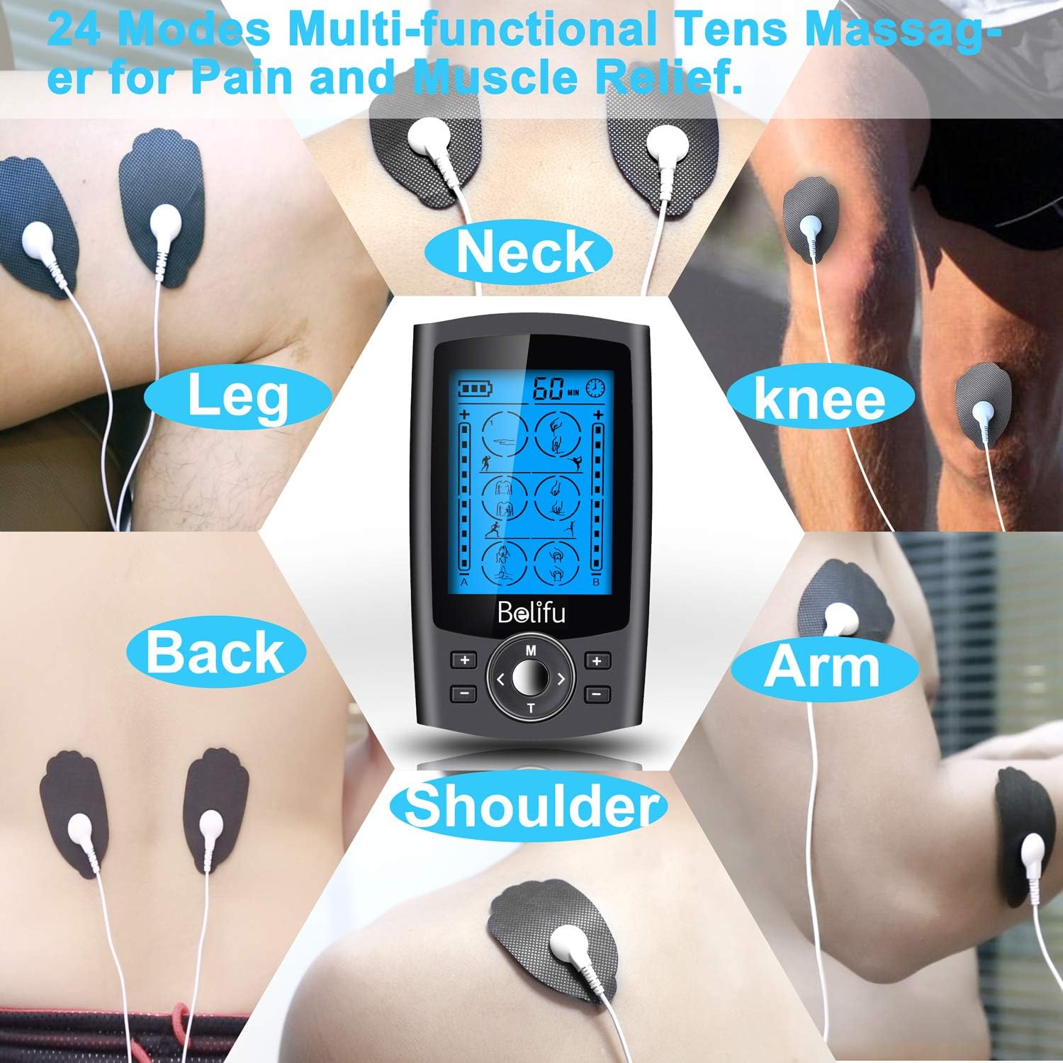 Belifu Dual Channel TENS EMS Unit 24 Modes Muscle Stimulator for Pain Relief Therapy, Electronic Pulse Massager Muscle Massager with 10 Pads, Dust-Proof Drawstring Storage Bag，Fastening Cable Ties…: Health & Personal Care