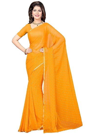 Poly Chiffon Orange Woven Womens Saree/Sari
