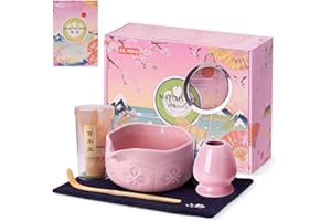 JUL WIND Matcha Whisk Set, Ceramic Matcha Set Includes Bowl with Spout, Whisk and Holder, Bamboo Scoop, Sifter and Tea Towel - 6 Pcs Matcha Kit Gift for Lovers Beginners (Pink)