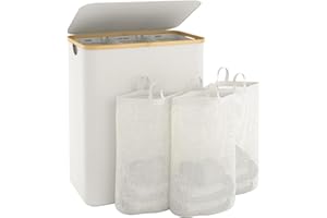 BATHOLA Extra Large 3 Section Dirty Clothes Laundry Basket with Lid, Dirty Clothes Hampers with Removable Bags for Bedroom and Laundry Room, Beige