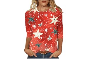 LIKEOULI Christmas Shirts for Women Glitter Xmas Tree Print 3/4 Sleeve Tops Cotton Crewneck Pullover Tunic T Shirt