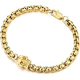 COOLSTEELANDBEYOND Men’s Gold Steel Skull Bracelet with Box Chain Link Design Punk Gothic Bold Statement Wristwear