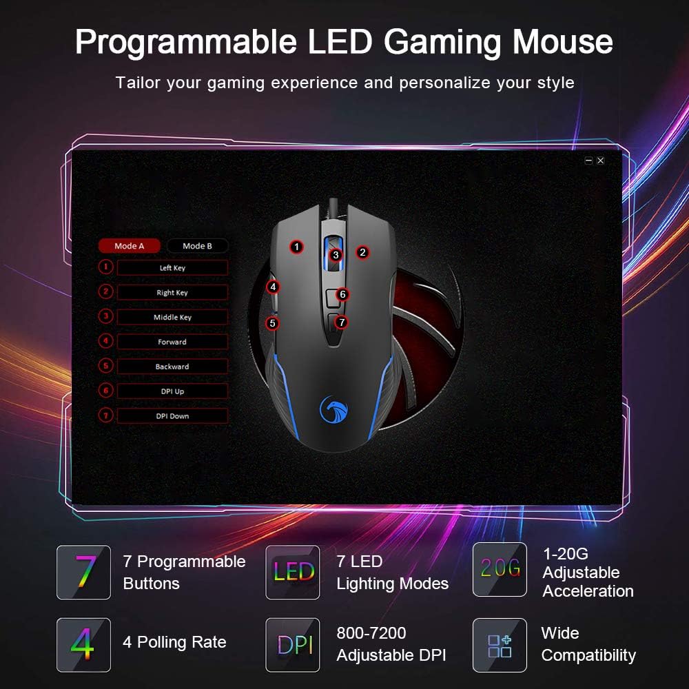NPET M70 Wired Gaming Mouse, 7200 DPI, 7 Programmable Buttons, LED Backlit, Ergonomic Optical PC, Comfortable Computer Gaming Mice for Windows 7/8/10/XP Vista Linux, Black (M70 Wired Gaming Mouse): Electronics