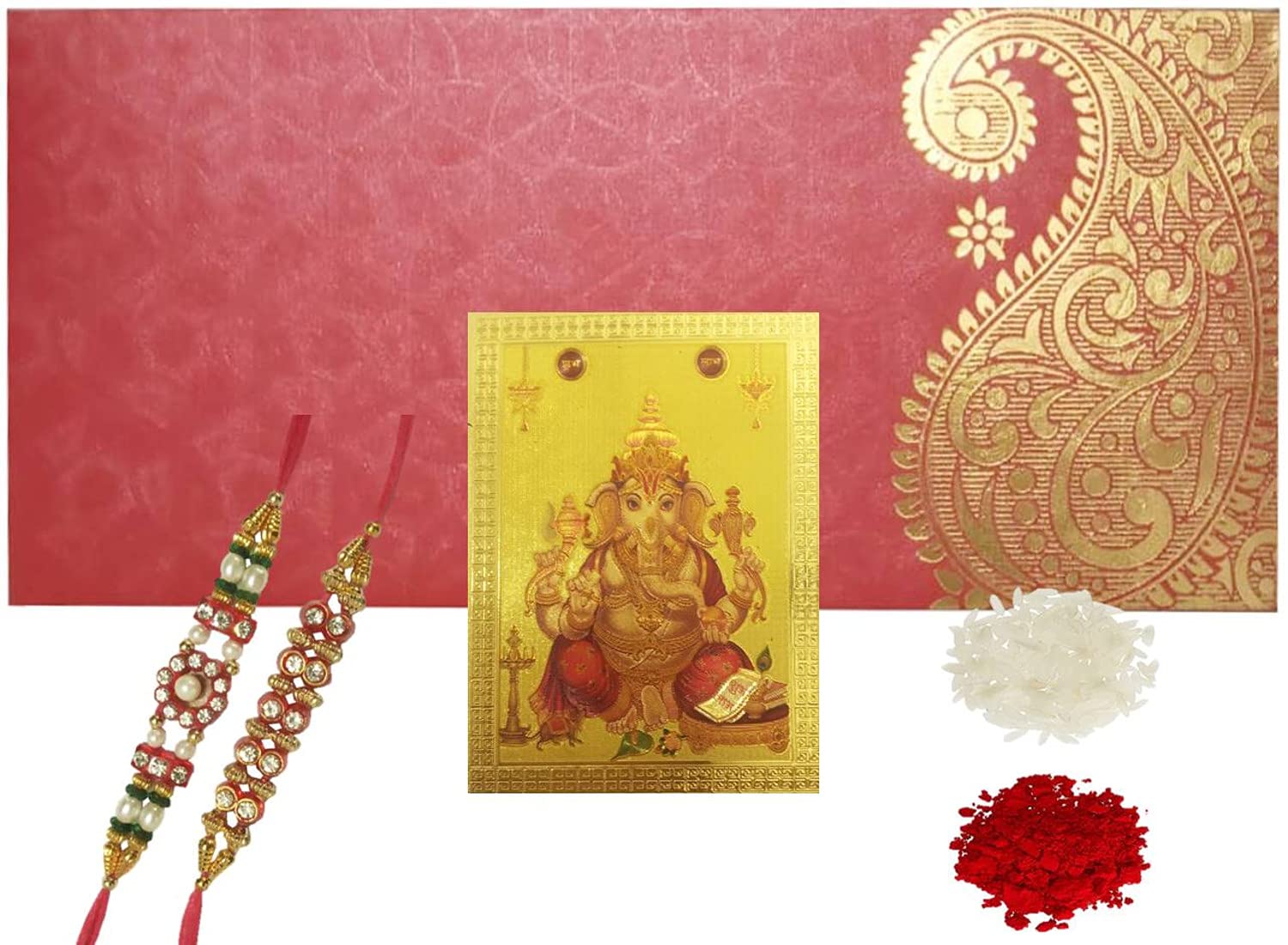 Purpledip Bhai Dooj Rakhi Set for Brother: 2 Rakshabandhan Bracelets, Ganesha Sticker, Roli Chawal Tika (rakhi80a)