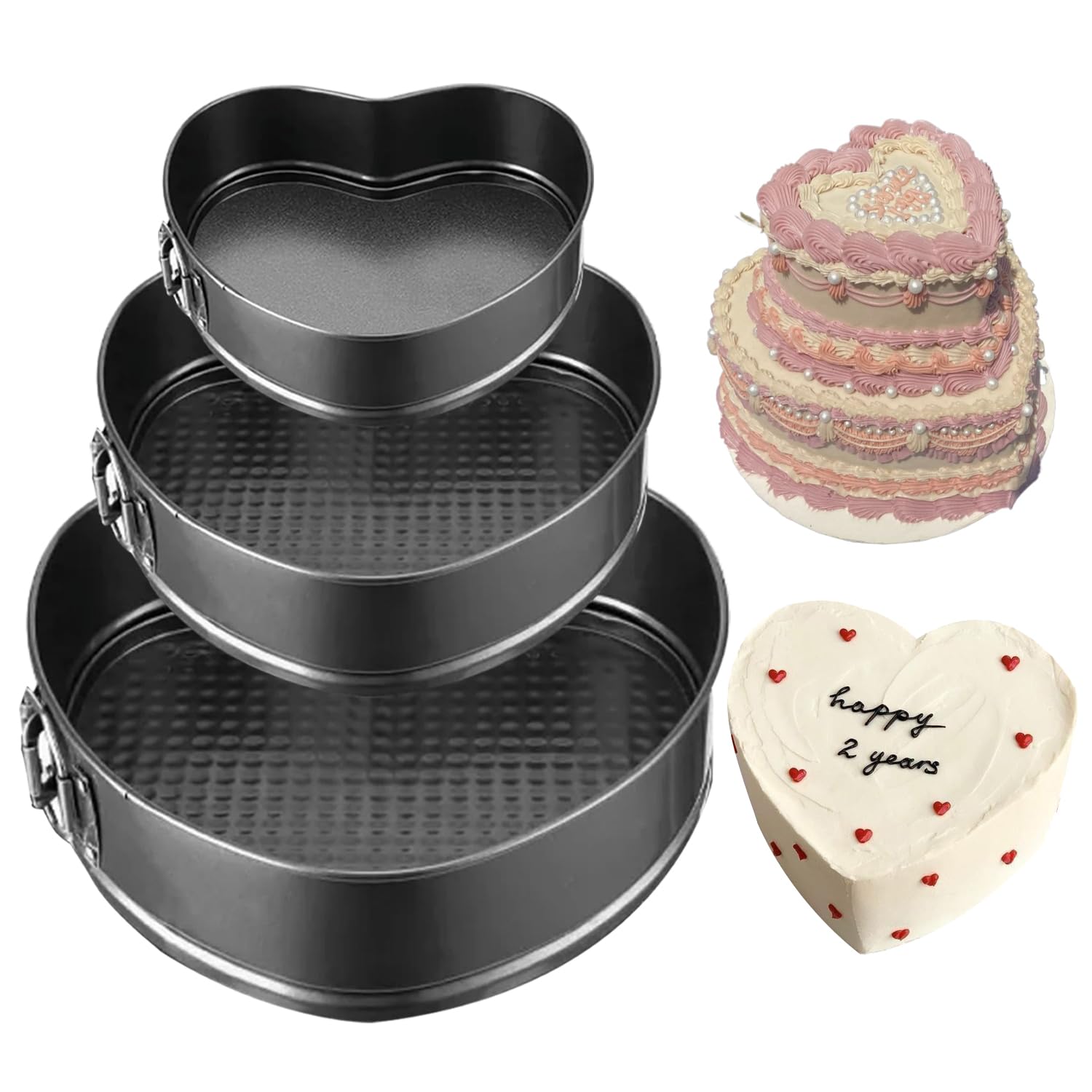 GZMAISULEE Springform Cake Pan Set of 3 (4, 7, 9 Inch) Heart Leakproof Nonstick Cheesecake Pans with Removable Bottom Carbon Steel Bakeware