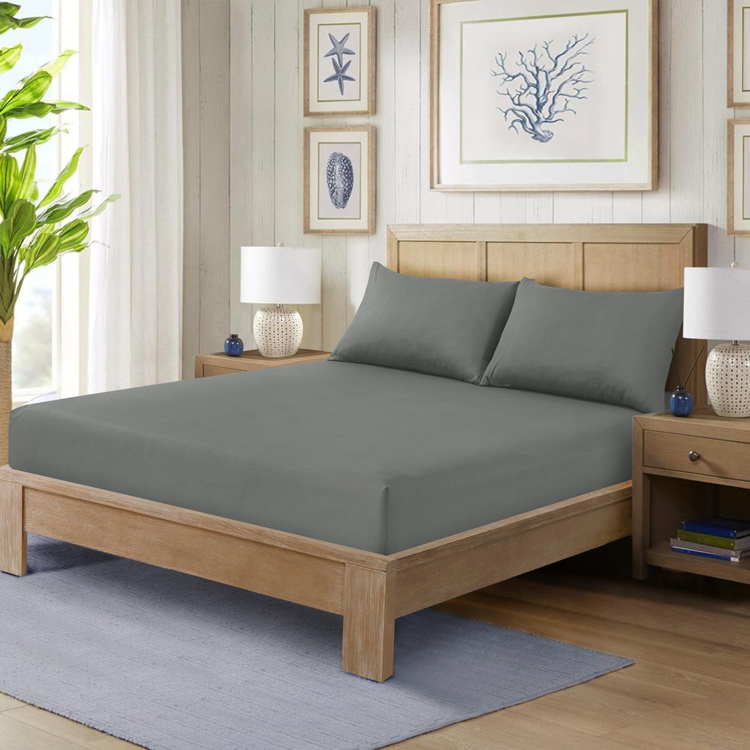 CHARKHAH Polycotton Fitted Sheet for Single Double King Super King Bed 200 Thread Count Anti Wrinkle Plain Bedding 25 cm Extra Deep Fitted Sheets Cover with Elastic Edges (Grey, Double)