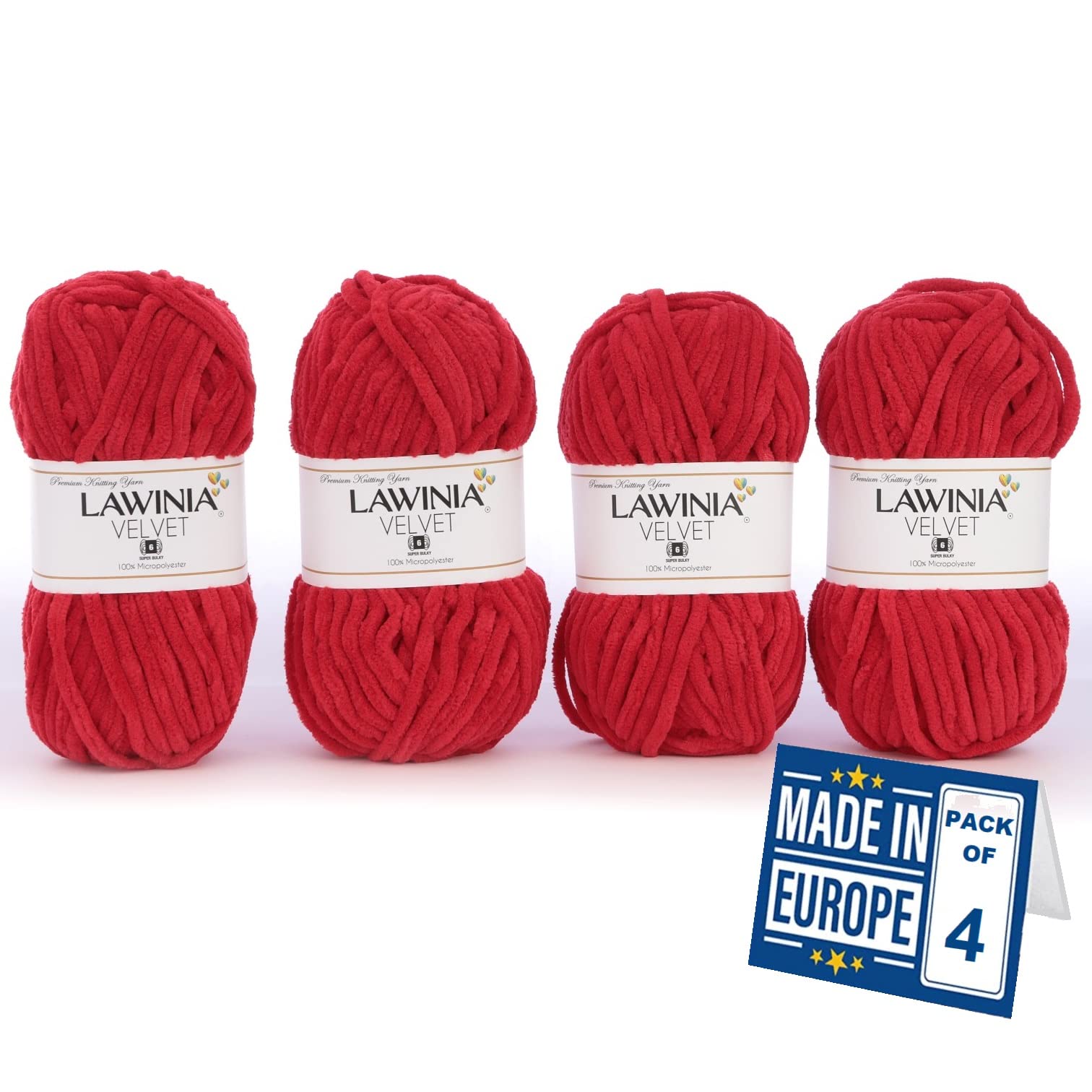 LAWINIA -Velvet Premium Soft Chenille Yarn Chunky, Velvet Yarn Crochet, Does NOT SHED, Plush Blanket Wool for Crochet, Thick Chunky Wool for Knitting, Pack of 4