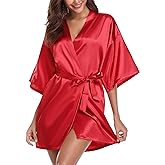 Vlazom Womens Kimono Robes Dressing Gown Satin Bathrobe Nightdress Short Style Bridal Robe