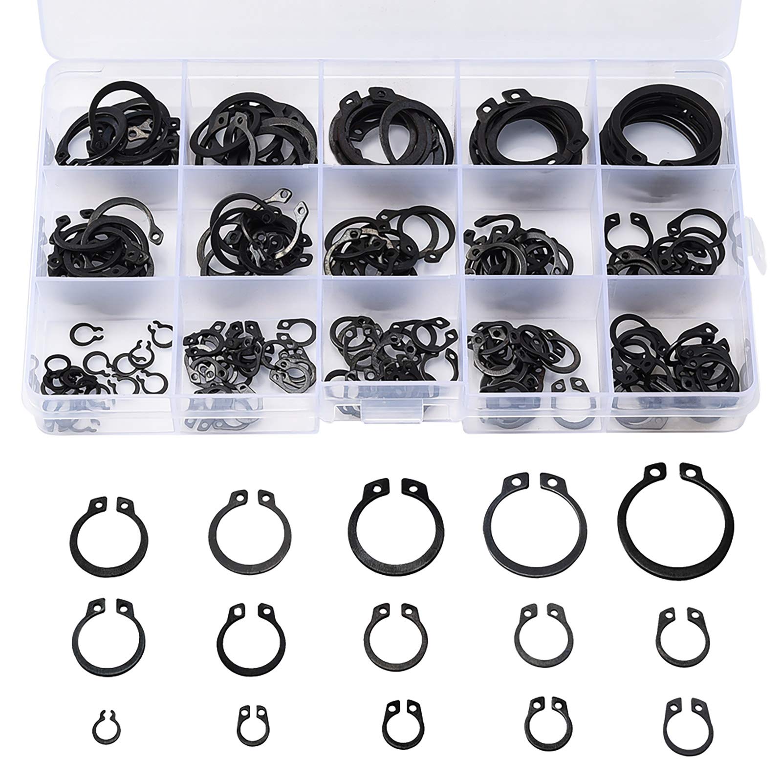 175 pcs E Clips Retaining Snap Opening Ring Circlip Kit with a Storage Box, Assorted 15 Sizes | Blackened Oxidized Coating Steel