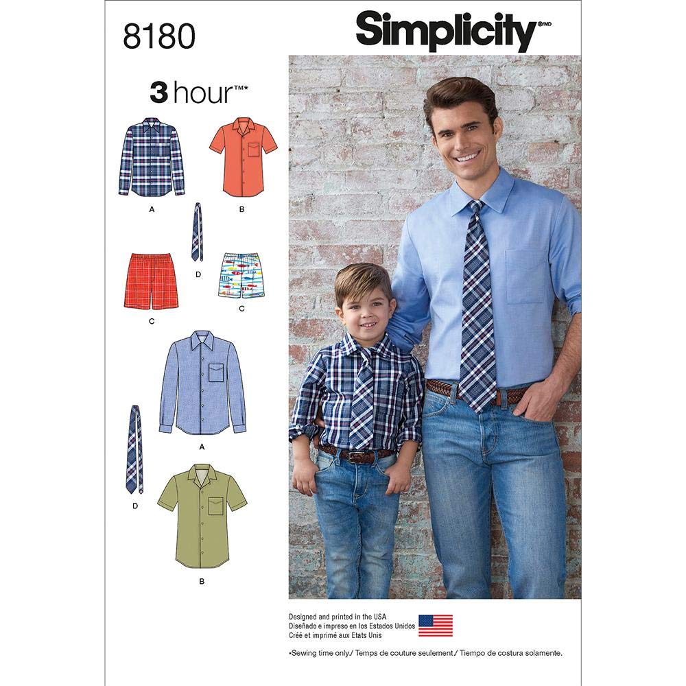 Simplicity Pattern 8180 Boys' and Men's Shirt, Boxer Shorts and Tie, Paper, White, 22 x 15 x 1 cm