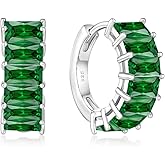 YIFSIY Gemstone Huggie Hoop Earrings, 925 Sterling Silver Baguette Hoop Earring Birthstone Jewelry Gift for Women