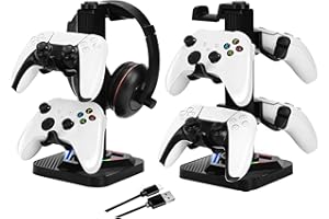 JDGPOKOO RGB Gaming Headphone Stand, Controller Holder & Headset Holder for Desk, Headphone and Controller Stand with 3 USB Ports, Suitable for PC Earphone Accessories, Gift for Men Boyfriend