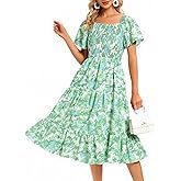 Bbonlinedress Womens Casual Floral Summer Smocked Beach Party Boho Midi Square Neck Dress