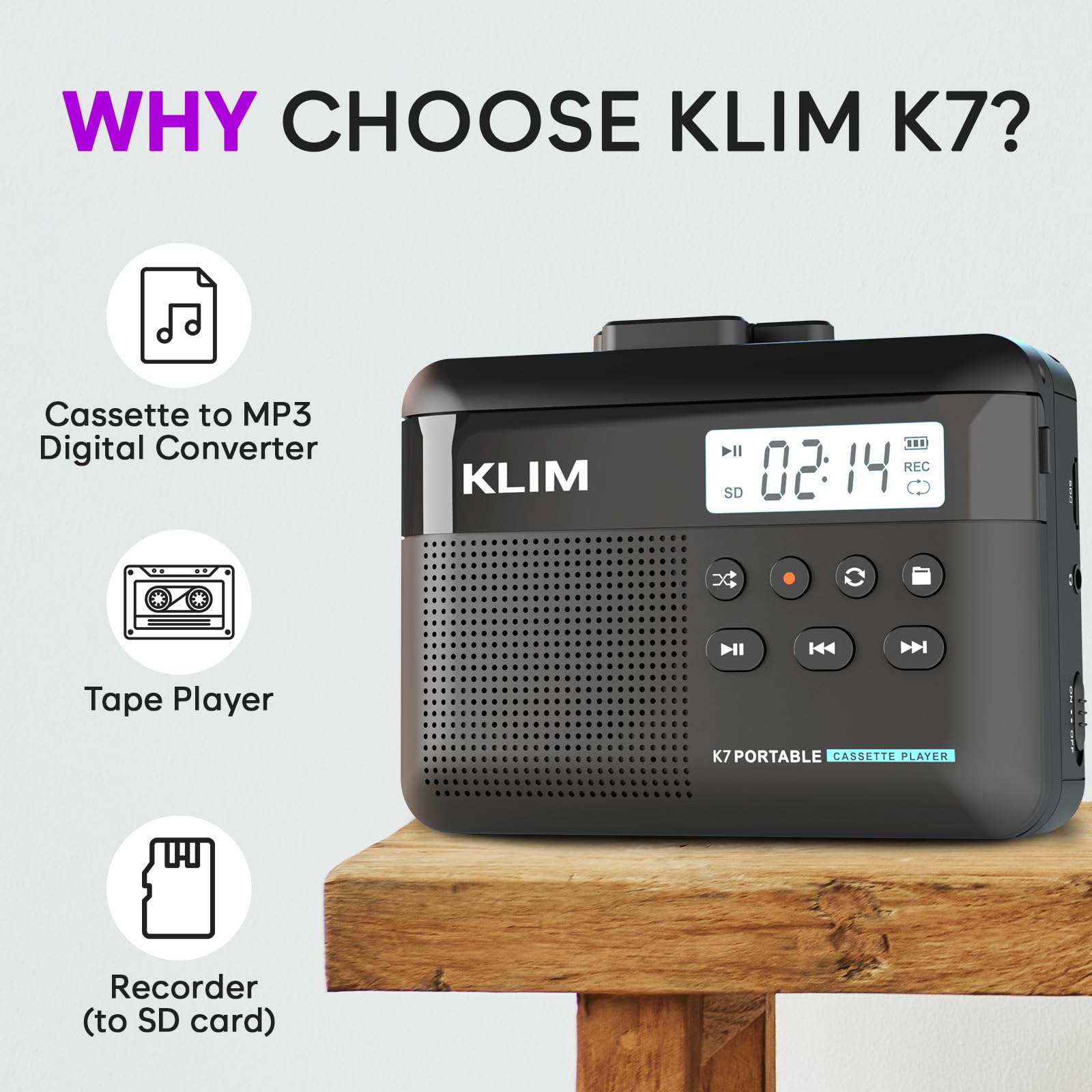 KLIM K7 Cassette Tape Player + Cassette to MP3 Converter + Portable Cassette Player + Built-in Microphone & Speaker + Rechargeable Battery + Earphones + 32GB SD Card