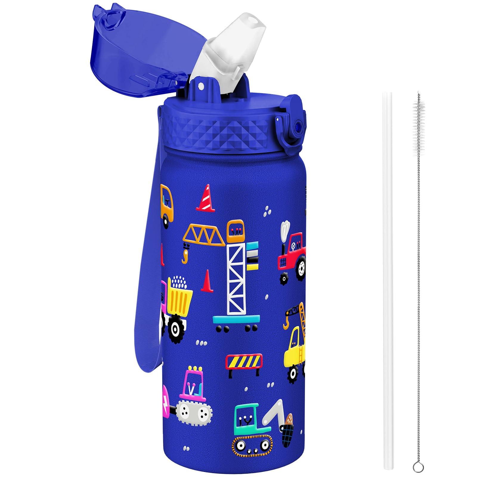 GOPPUS 550ml/18oz Kids Insulated Water Bottle with Straw Cute Double Wall Stainless Steel Child's Small Flask Vacuum Insulated Steel Metal Leak Proof Drink Flask Boys Toddler Girls Bottles BPA-Free