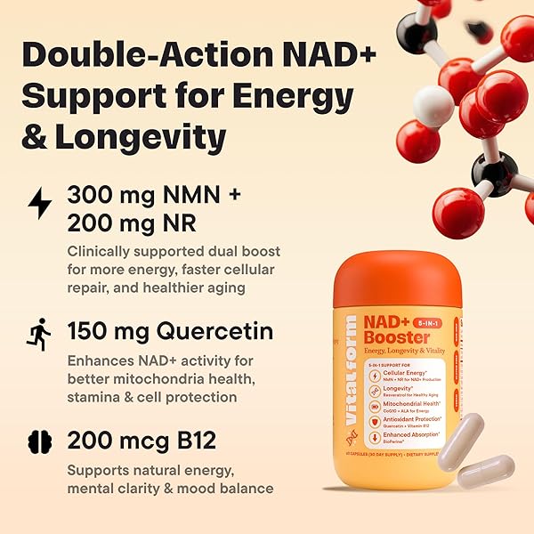 VITALFORM NAD+ SUPPLEMENT WITH NMN & NICOTINAMIDE RIBOSIDE (NR) – ADVANCED CELLULAR ENERGY & HEALTHY AGING COMPLEX – WITH RESVERATROL, COQ10, QUERCETIN & BIOPERINE – 60 VEGAN CAPSULES
