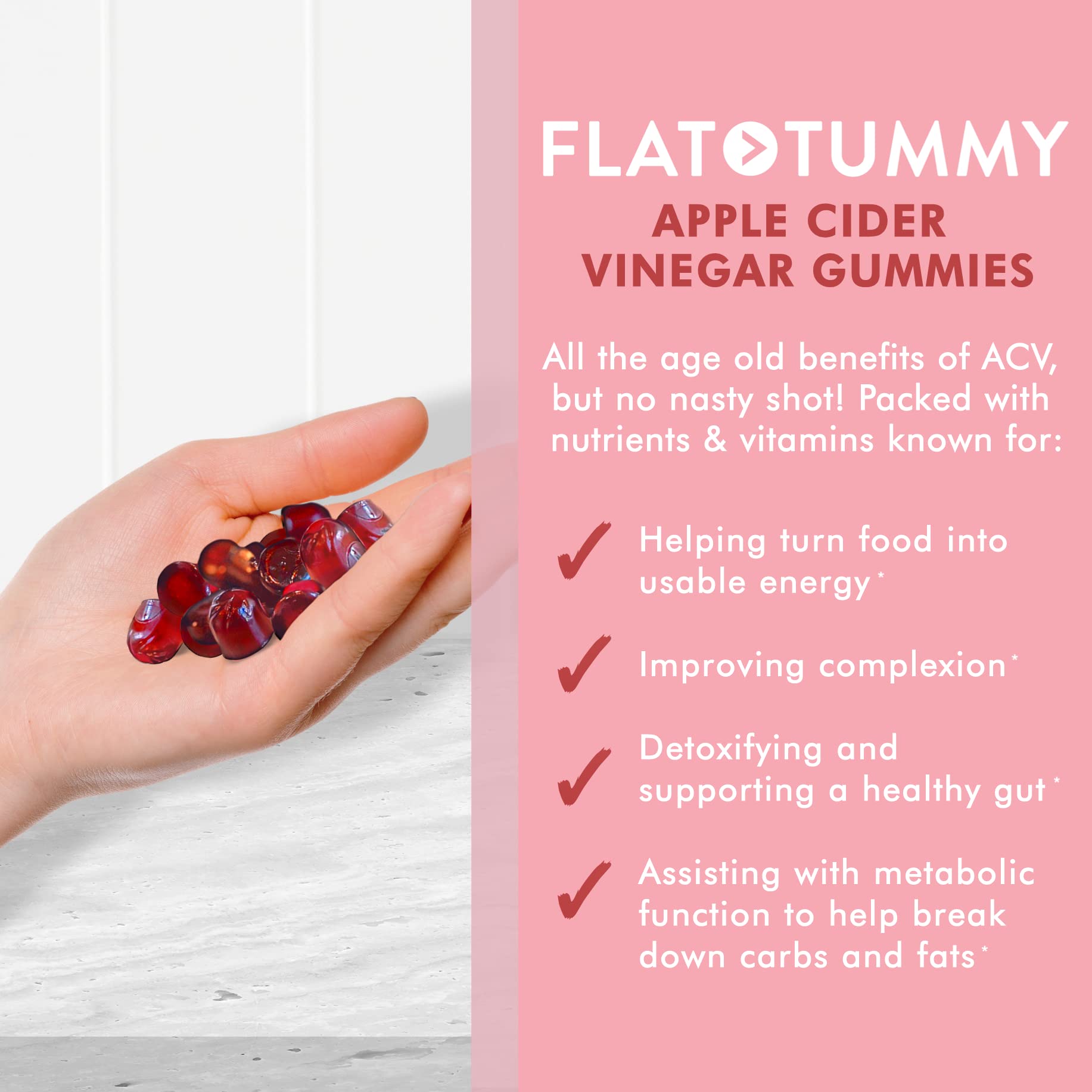 Flat Tummy Tea Apple Cider Vinegar Gummies, 60 Count Boost Energy
