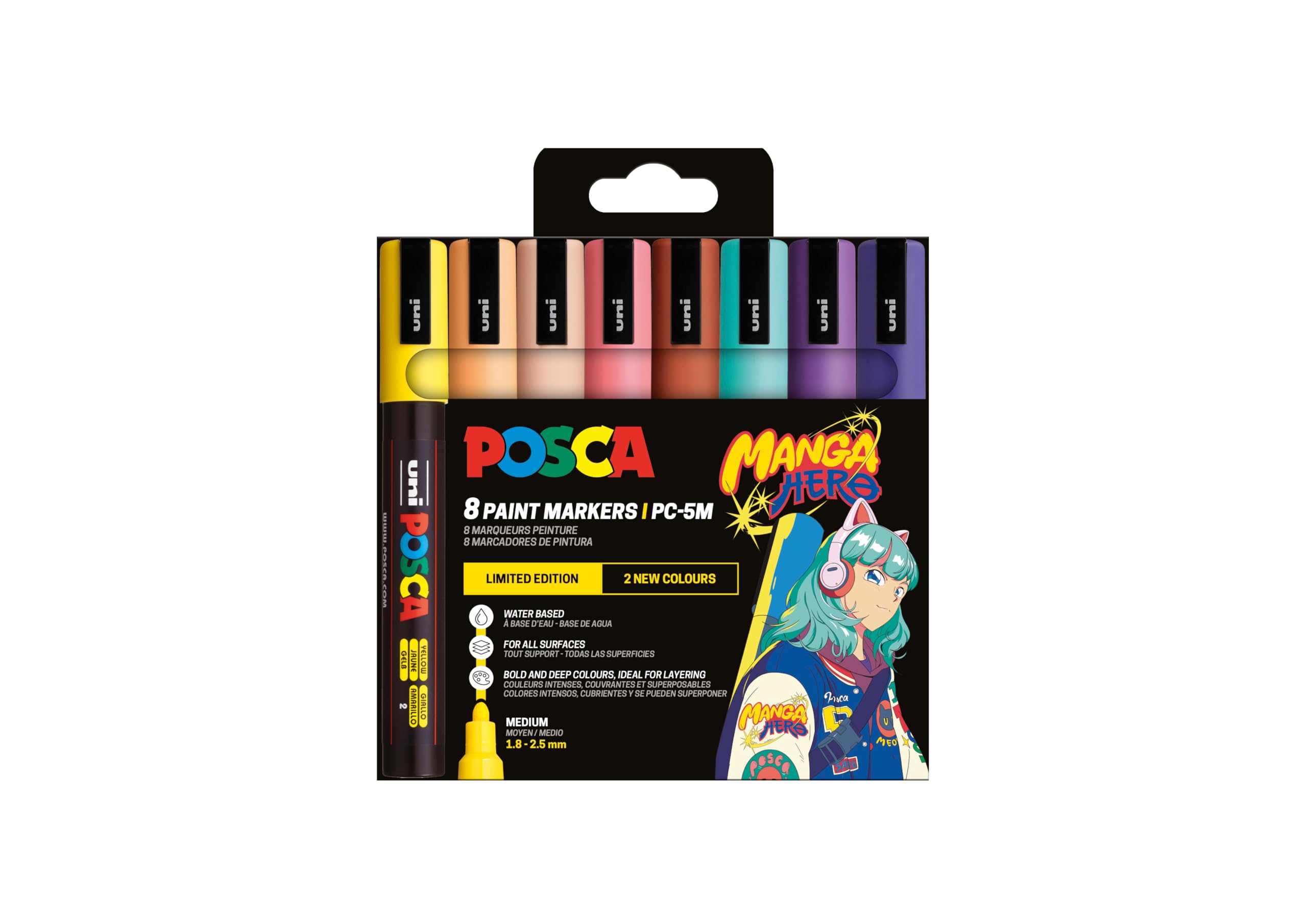 POSCA 182559 - POSCA Manga Hero Marker Set, 8 Acrylic Pens, Permanent Marker with Bullet Tip PC-5M