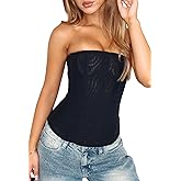 Thseonde Women Strapless Corset Bustier Tops Mesh Back Zip Boned Bodyshaper Tube Top Y2k Sexy Fishbone Overbust