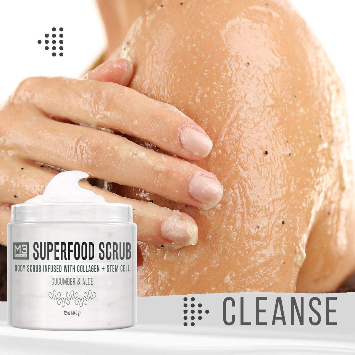 M3 Naturals Superfood Scrub infused with Collagen and Stem Cell Natural Cucumber and Aloe Body Face Wash Exfoliating Facial Cleanser for Acne Cellulite Wrinkles Scars Skin Care 12 oz: Beauty