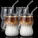 Jingmore 4 Pcs 20 oz Ribbed Glass Cups with Straws Vintage Drinking Glassware Wave Shape Design Iced Coffee Glasses for Cocktail Beverage Juice Drink