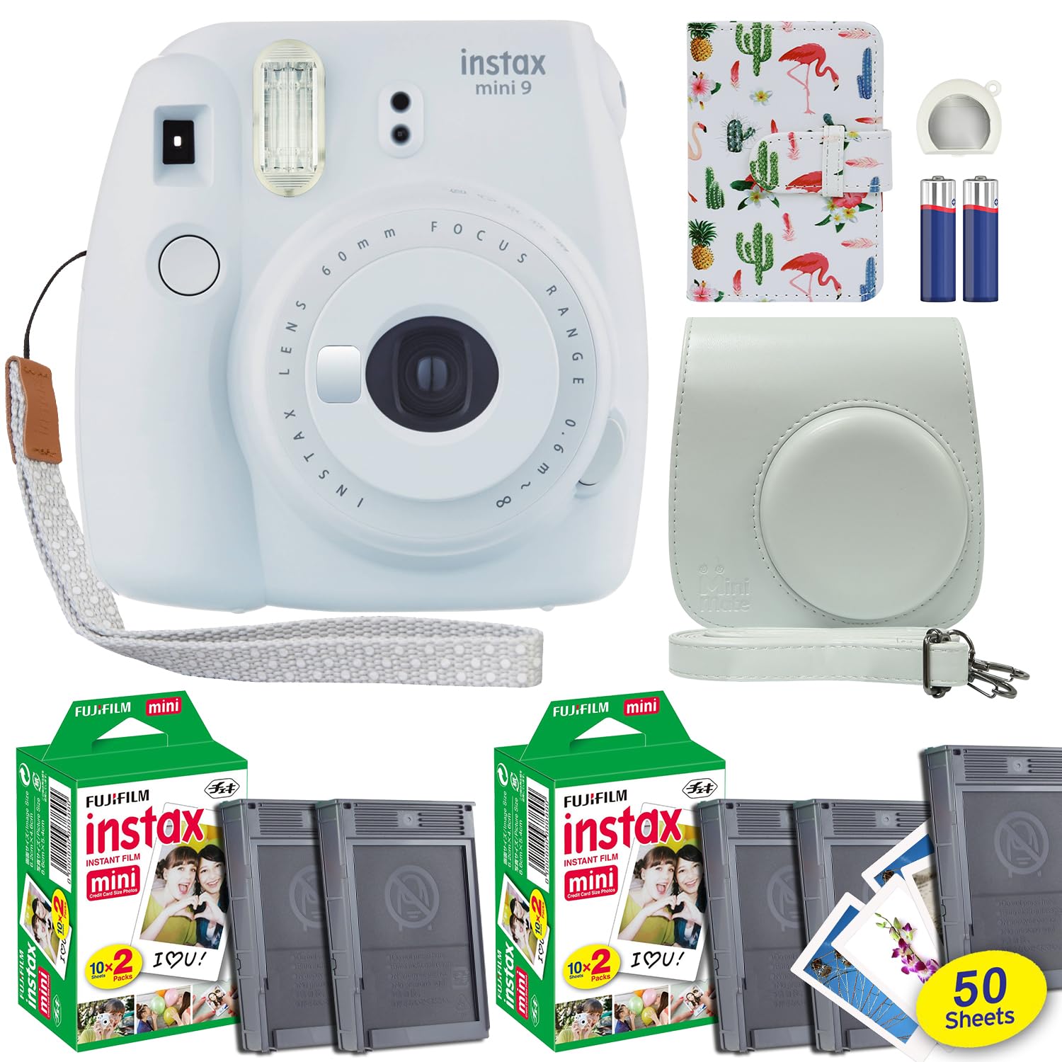 Fujifilm Instax Mini 9 Smokey White Instant Camera + 50 Film + Case + Mini Album