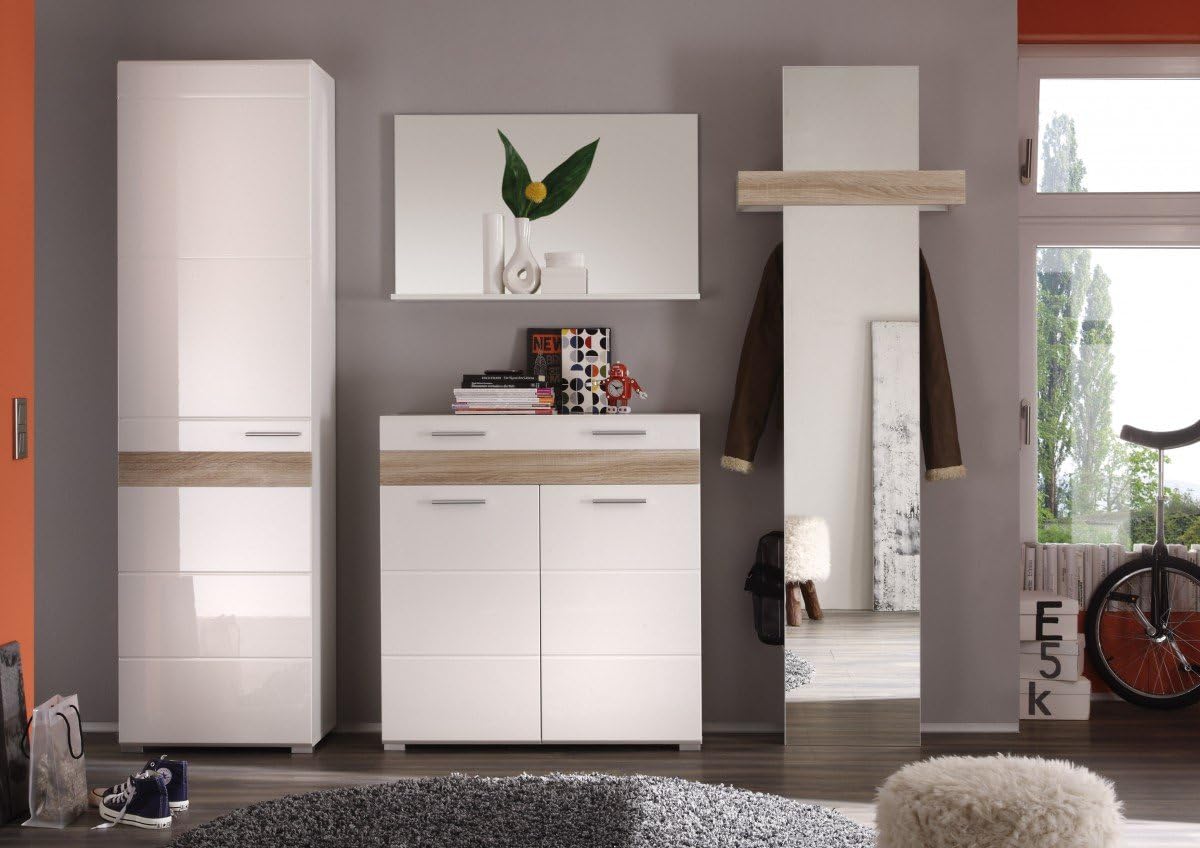 Beauty Scouts Garderomarc Set I Medion 4 Teilig Garderobe Diele Flur Flurmobel Dielenmobel Set Weiss Hochglanz Dark Oak Oder Weiss Hochglanz Eiche Sagerau Farbe Weiss Eiche Sagerau Amazon De Kuche Haushalt