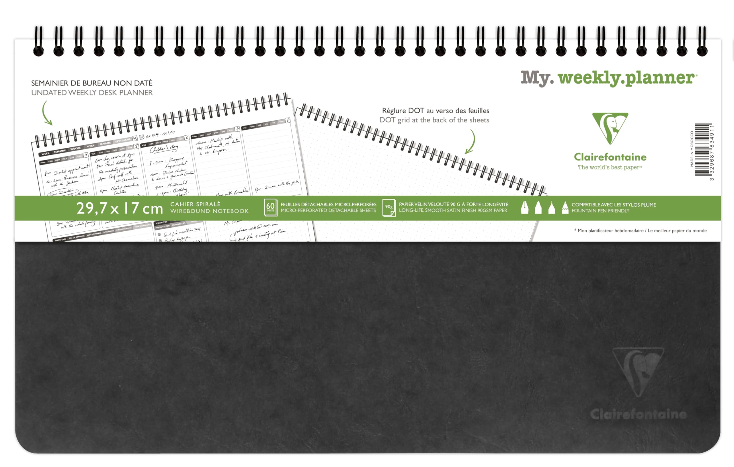 Clairefontaine 783491C Age Bag Collection My.weekly.planner Black Spiral Notebook - 29.7x17 cm - 120 Pages Office DOT Organiser - White Paper 90 g - Card Cover
