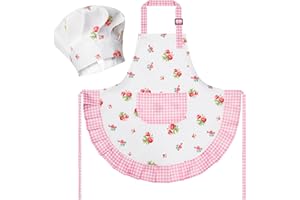 R HORSE Kid Apron and Chef Hat Set - 2Pcs Plaid Floral Adjustable Children Kitchen Toddler Apron for Girls, Role Play Chef Toy Cooking Baking Painting and Training Kit Kid Funny Cooking Birthday Gift