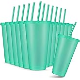Amyhill 12 Pcs Reusable Glitter Cups with Lids and Straws 24 oz Plastic Tumbler Iced Coffee Cup Travel Mug for Smoothie Juice Birthday Sleepover Party Supplies for Valentine Girl(Light Green)