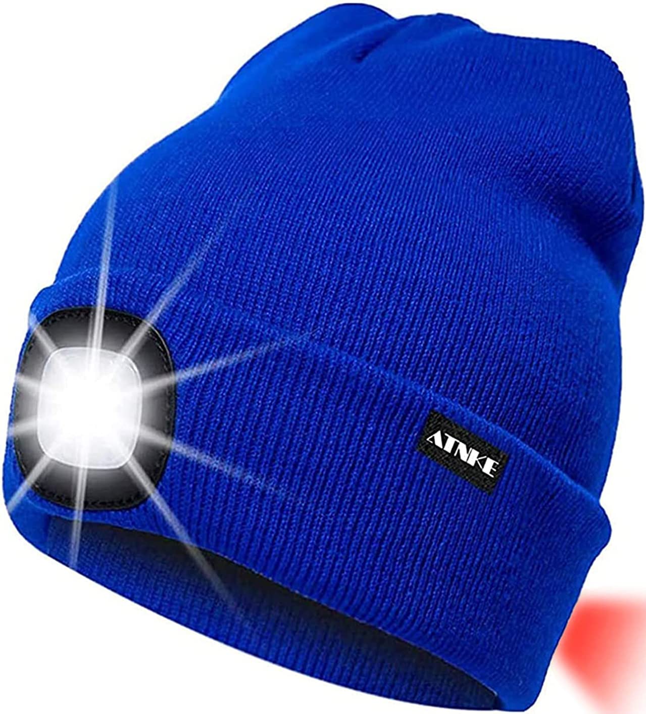 ATNKE 8LED Lighted Knit Hat,USB Rechargeable Running Headlamp Cap Ultra Bright Waterproof Light Lamp and Flashing Alarm Red Tail Light Multi-Color/Blue