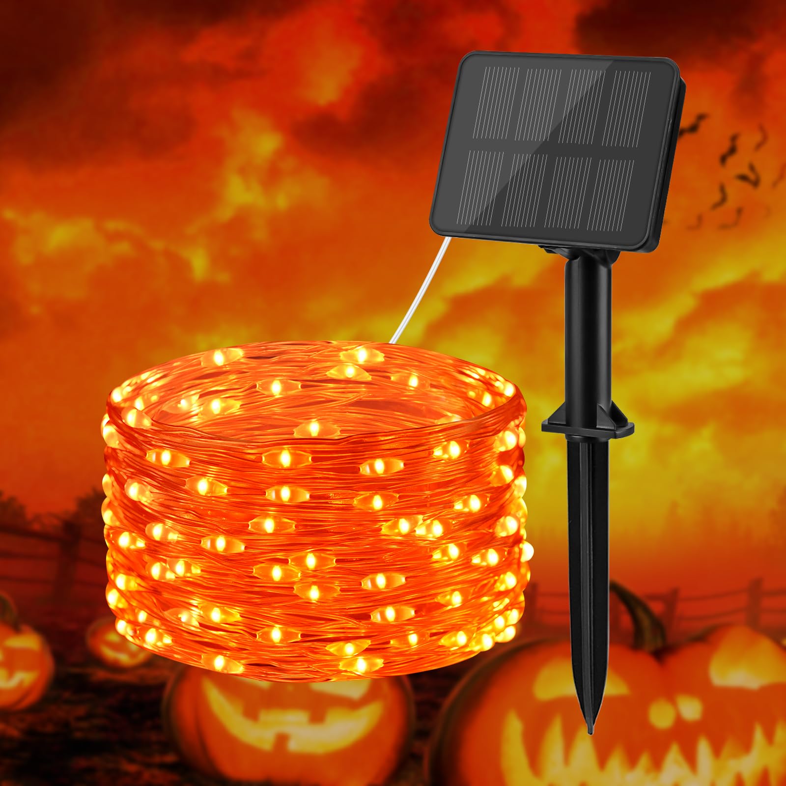 BOLWEO Orange Halloween Solar Fairy Lights, 16.4Ft 50 LED Solar String Lights Outdoor, IP65 Waterproof Outdoor Lights for Backyard Deck Fence Patio Decor Diwali Halloween Decorations (1 Pack)