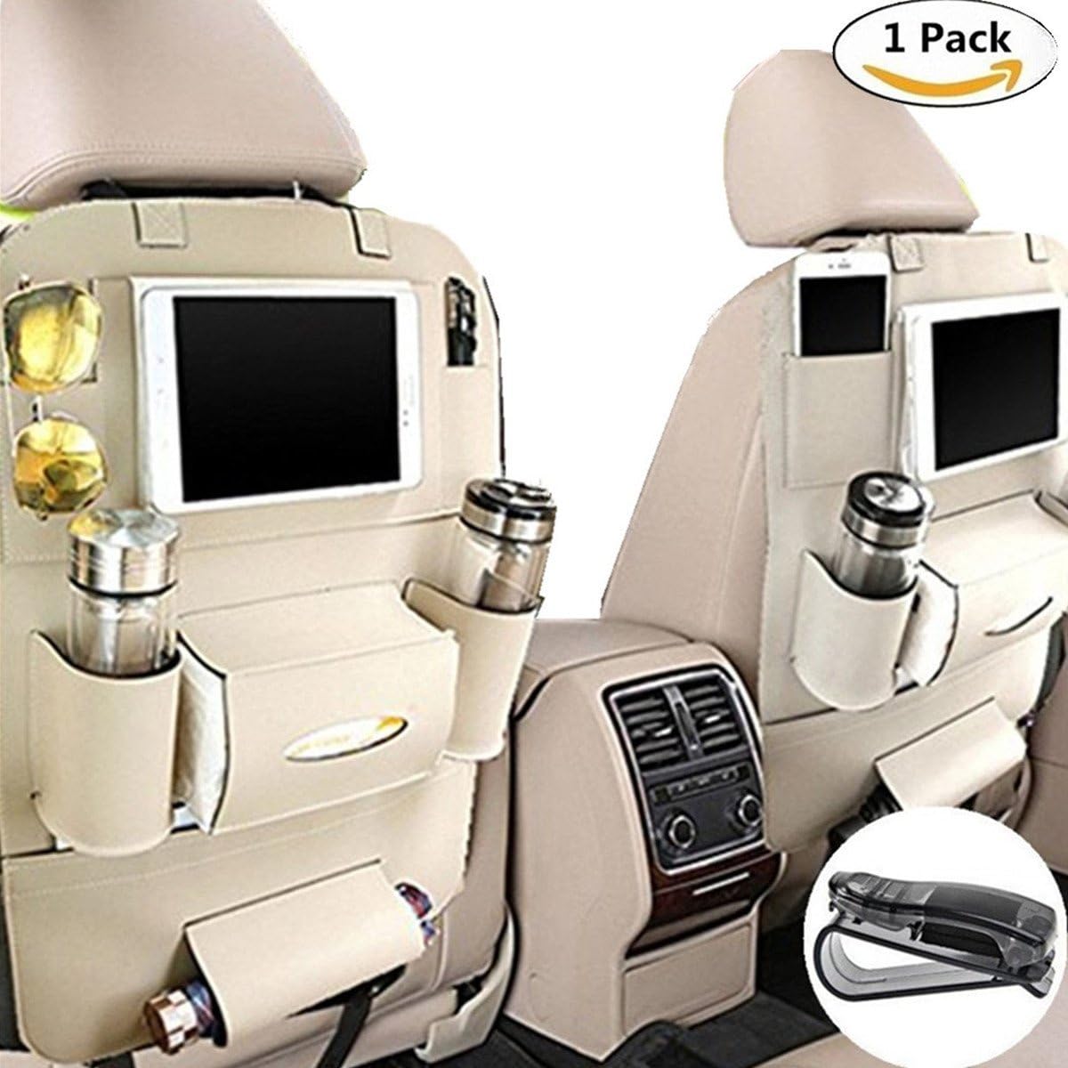 happyle Car Back Seat Organizer with Table Tray for Baby PU Leather Foldable Dining Table Desk and iPad mini Holder (Beige)