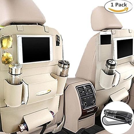 Happyle Auto Rücksitz Organizer mit Tablett für Baby PU Leder Faltbarer Esstisch Schreibtisch und iPad Mini Halter, Auto Orga