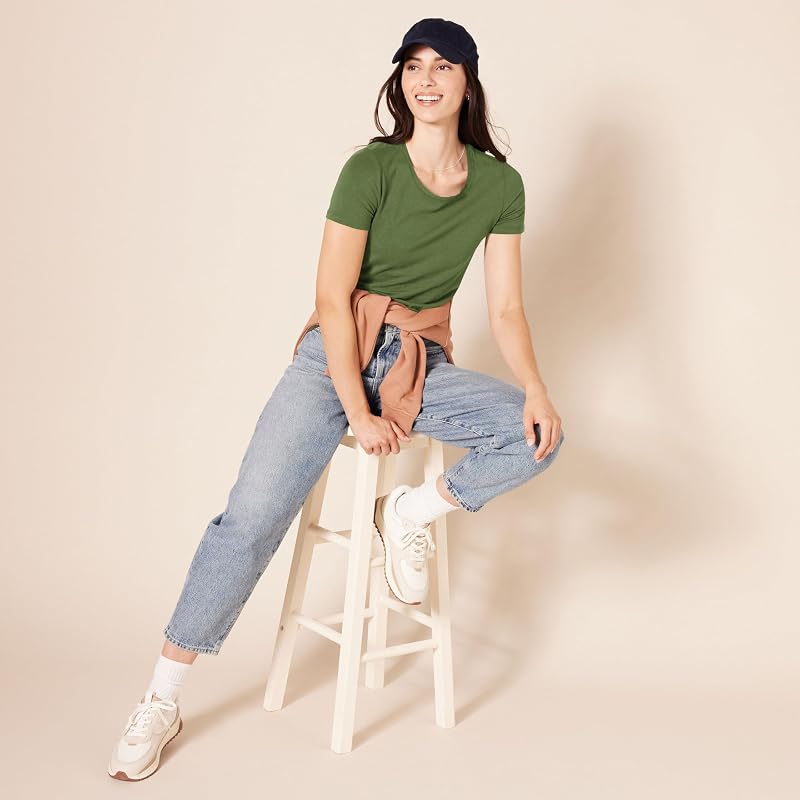 Damen T-Shirt mit kurzen Ärmeln und Rundhalsausschnitt in normaler Passform, 2er-Pack, Armeegrün/Minzgrün, S — Foto 6 von 8