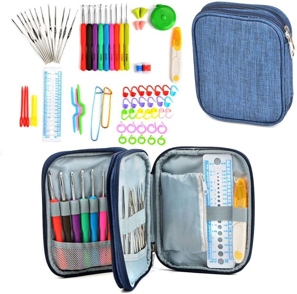 Aeoss 72Pack Ergonomic Crochet Kit, Soft Grip Crochet Hooks 2-6mm, Aluminum Knitting Needle 0.6-1.9mm, Complete Accessories with Double Zipper Case