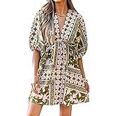 CUPSHE Women's Plunging V Neck Floral Backless Beach Dress Blouson Sleeve Back Tie Waist Tie Mini Summer Dress