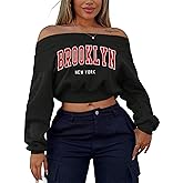 Hilinker Women's Graphic Off Shoulder Crop Sweatshirt Casual Loose Long Sleeve Pullover Tops