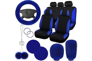 Fulmoon 17 Pcs Car Seat Cover Full Set for Women Fluffy Fuzzy Car Accessories Christmas Front Rear Steering Wheel Fleece Handbrake Shift Covers Hanging Accessory Holder Ring Emblem(Blue Black)